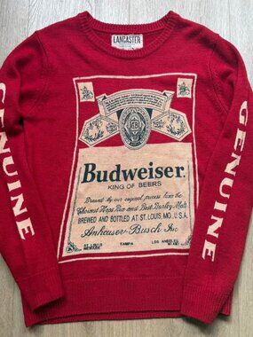 Lancaster Sweater Vtg Mens M Red Budweiser Beer 80s Graphic Knit Crewneck